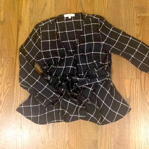 Loft Peplum tie shirt. Black and white windowpane